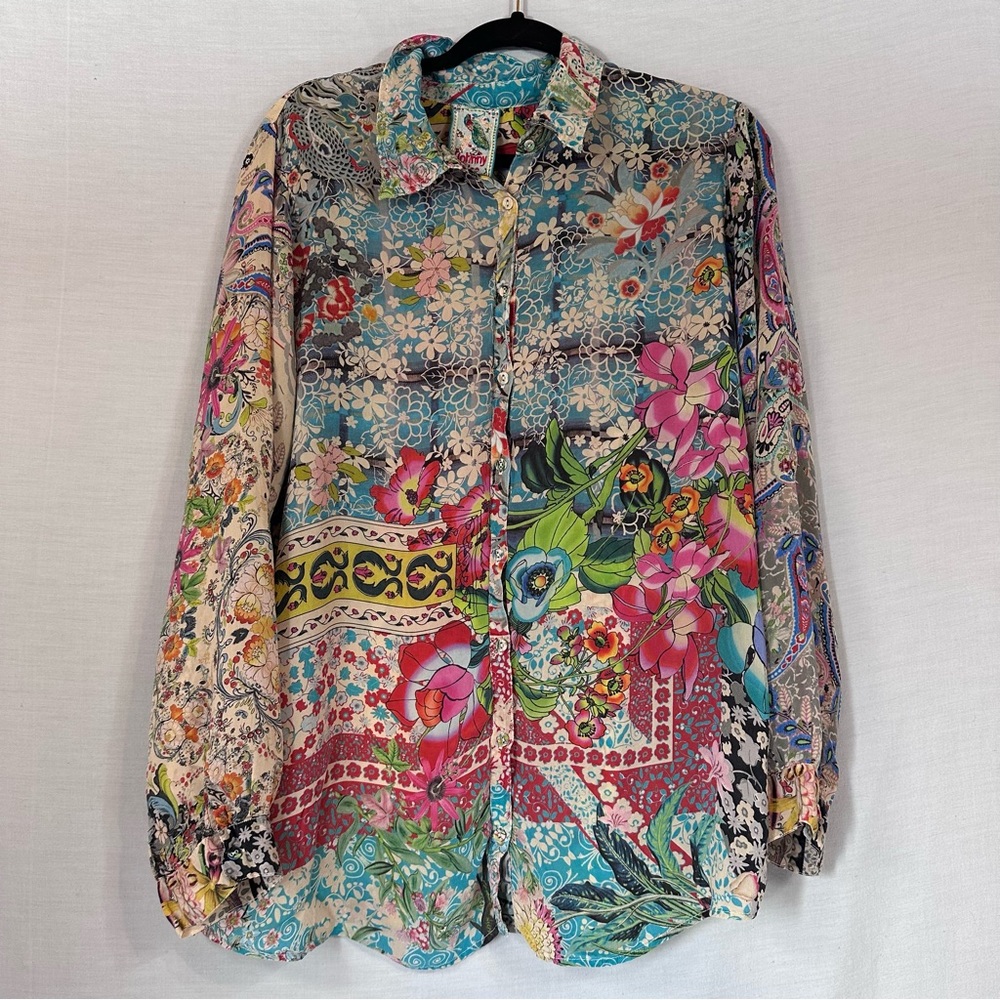 Johnny Was Multi Floral Button Down Blouse L
